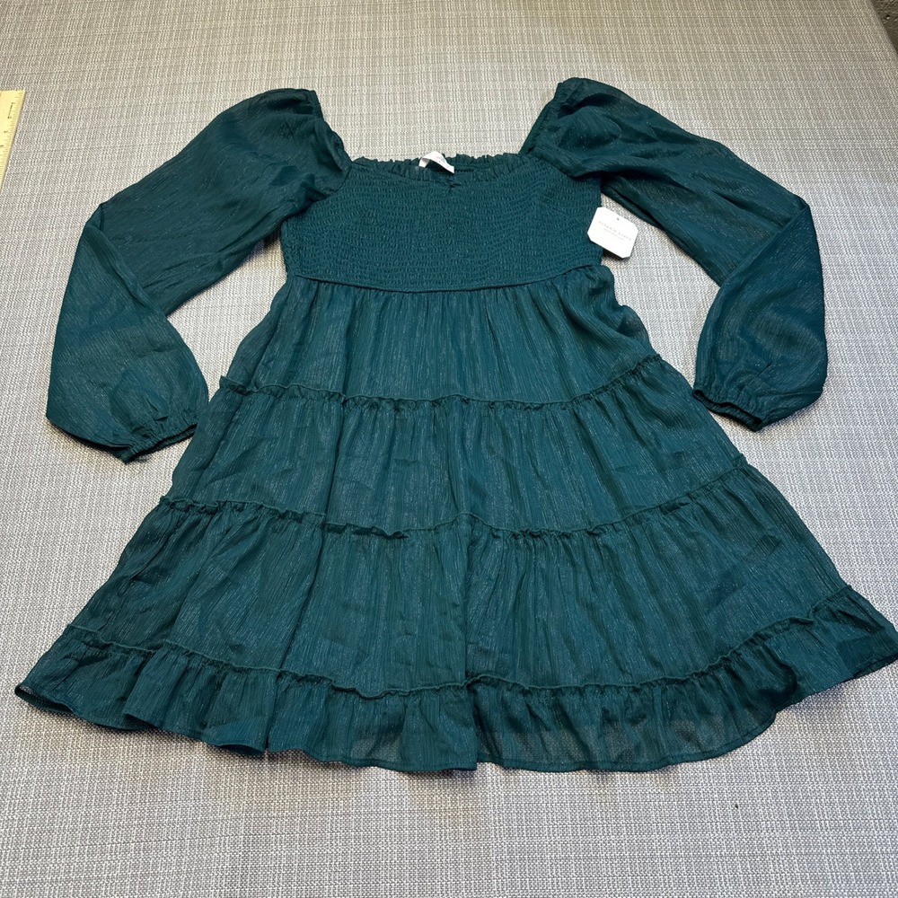 New Altard State Rita Hunter Green Metallic Smocked Tiered Mini Dress Small